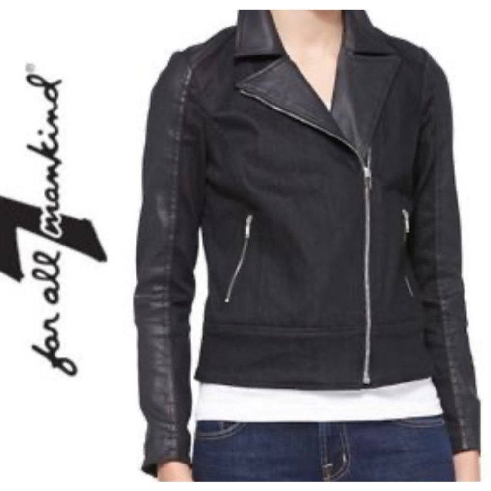 7 for All Mankind Black Denim Faux Leather Zip-up Moto Jacket size L